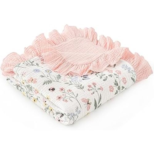 david's kids Flounce Muslin Baby Blanket for Girls Boys, 100% Cotton Soft Crib Swaddle Blankets, Reversible & Breathable Nursery Bedding for Newborns Toddlers, 47 x 47 Inches (Garden)