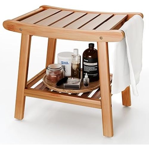 Bamboo Shower Stool Bench,Shower Chair for Inside Shower with Storage Shelf