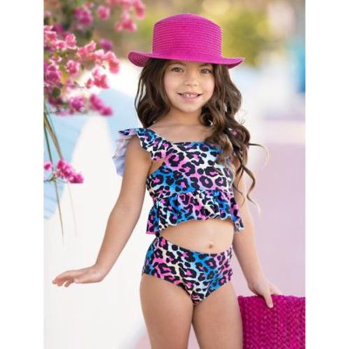 Wild Waves Leopard Two-Piece Swimsuit Mia Belle Girls, Rainbow, 2T-3T