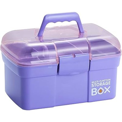 11'' Plastic Box Organizer with Removable Tray, Sewing Box Organizer (Purple)