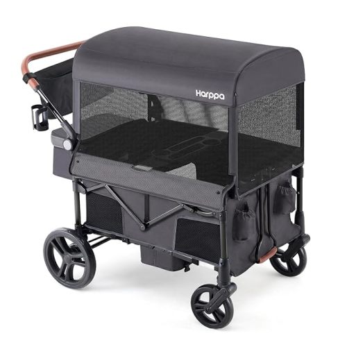 Harppa Remy 4 Seater Wagon Stroller, Foldable with Canopy for 4 Kids | Wagon Strolle with Mosquito Net Canopy,Snack Tray, 8''/12''All-Terrain Wheels, 280Ibs Capacity for Zoo, Family Outings