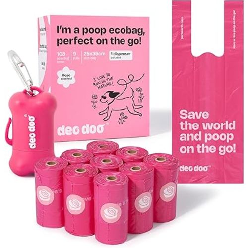 Deo Doo Dog Poop Bags with Handles 9 Rolls 108 Counts Big Sizes Leak Proof and Extra Thick Waste Bags Refill Rolls for Walking Small Medium Large Dogs Cats Litter With Holder Rose Scented