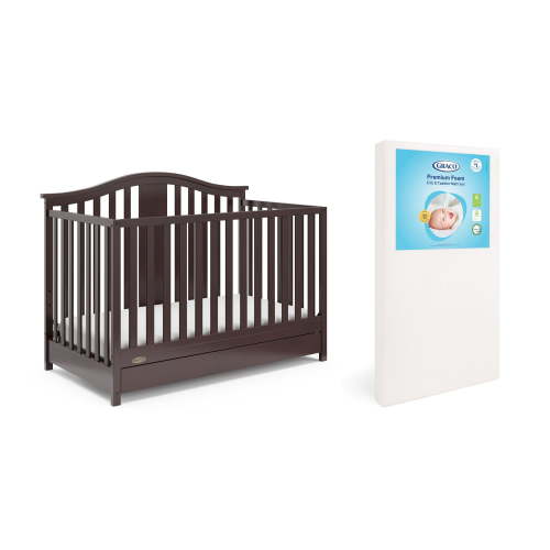 Graco Solano 4-in-1 Convertible Crib with Drawer and Premium Crib & Toddler Mattress Bundle, Espresso