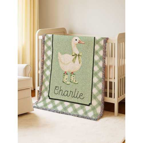 Goose Baby Blanket: Gingham Green Cotton Woven Farm Nursery Bedding