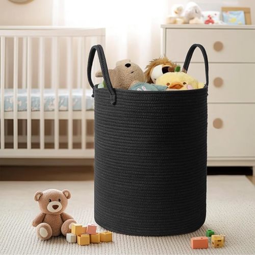Black Woven Laundry Basket, 15"x18" Tall Basket for Blankets, Wicker Hamper for Bedroom Aesthetic, Decorative Storage Hamper for Clothes, Towel, Rope Storage Bin for Living Room, Bathroom
