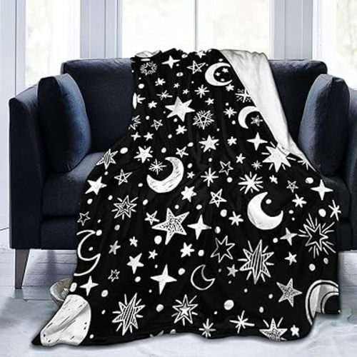 Star Moon Black and White Blanket, Soft Blankets Flannel Bed Throw Cozy Lightweight Plush Gifts for Women Men Boys Girls Sofa Couch Bedroom Living Rooms Warm All Season, Home Decor, Small 50"x40"