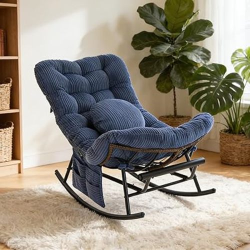 Rocking Chair Nursery, Oversized Patio Rocker Recliner Chair with Footstool, Glider Chair with Pillow & Side Pocket for Living Room, Nursery, Breastfeeding (Blue)