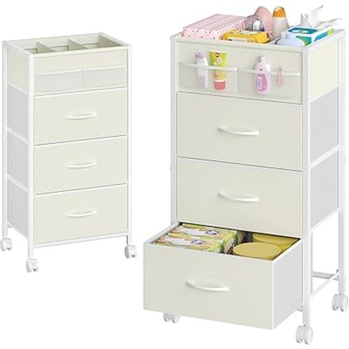 4-Tier Baby Diaper Caddy Organizer Cart with 3 Storage Drawers, Rolling Cart with Dividers & Side Pockets for Nursery, Baby Essentials, Toys, Wipes & Creams, Portable Kids Storage Cart & Station