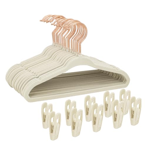 Tonswachic Kids Velvet Hangers 30 Pack, 14 Inch Non-Slip Felt Kid Hanger for Toddler/Youth/Teen, Slim Space Saving Child Hanger for Baby Closet, Heavy Duty Children's Hangers with 10 Clips - Beige