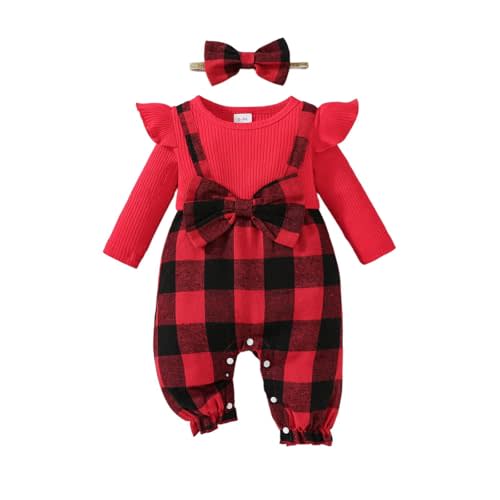 JOIMOCY Baby Girl Clothes Fall Winter Outfit Infant Girl Plaid Long Sleeve Ruffle Romper One Piece Jumpsuit with Headband