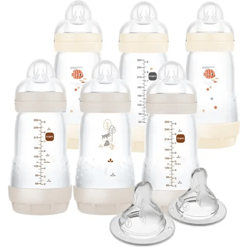 MAM 9oz Easy Start Anti-Colic Baby Bottles, Medium Flow with 2X Bonus Nipples (Fast and Extra Fast Flow), Reduces Colic, Gas, & Reflux, Easy-to-Clean, BPA-Free, 2 Plus Months