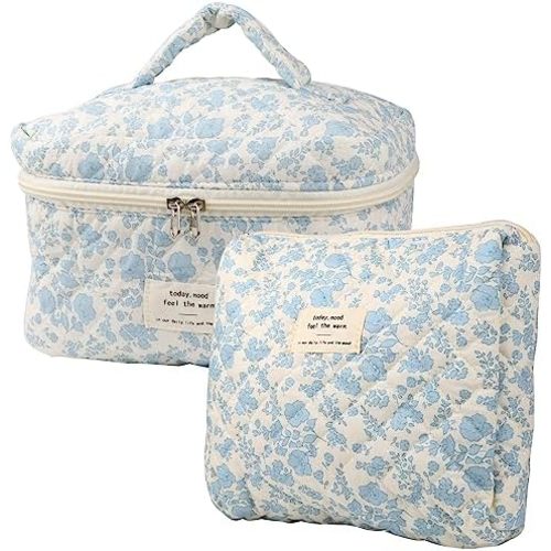 NATINSA Cute Makeup Bag for Women(2 Pcs), Travel Cosmetic Bags, Quilted Coquette Aesthetic Floral Toiletry Organizer Bag (NavyBlue Flower)