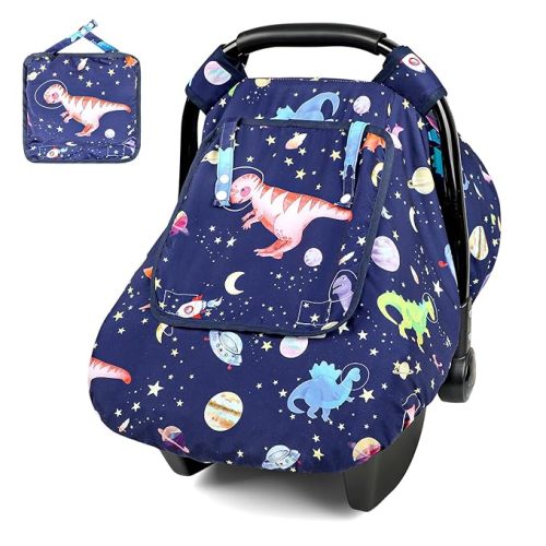 Baby Car Seat Cover Winter, Windproof Blue Carseat Covers for Newborn with 2 Layers Window, Dinosaurs Infant Car Seat Canopy for Boys with Minky Dot Backing, Keeps Babies Warm and Cozy