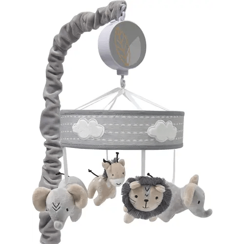 Lambs & Ivy Jungle Safari Musical Baby Crib Mobile - Gray, Beige, White, Animals