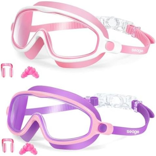 Seago Swim Goggles 2 Pack Anti-Fog Anti-UV Wide View Swimming Goggles for Kids 3-14