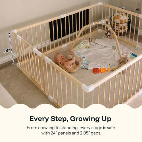 HARPPA Wooden Baby Gate Playpen | Non-Toxic Foldable DIY Adjustable Play Yard for Infants & Toddlers – Natural Finish Baby Fence for Small & Large Spaces