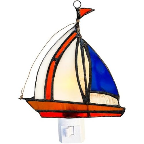 Tiffany Stained Glass Sailing Boat Night Light WKD1005 (Blue),Sailing Night Light, Tiffany Glass