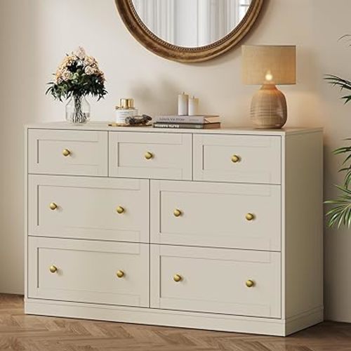 RoyalCraft 7 Drawer Dresser, Beige Dresser for Bedroom, Wood Chest of Drawers, Modern Dresser TV Stand for Living Room, Closet, Entryway