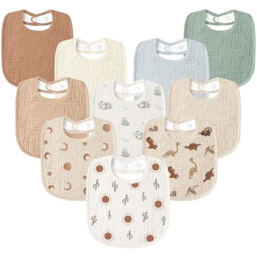 Susurration Muslin Baby Drool Bibs 10Pack Soft Square Adjustable Bandana Bibs for Unisex Baby Girls & Boys