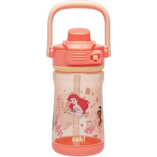 Zak Designs Disney Princess Beacon Kid Water Bottle for Travel, 12oz Plastic is Durable and Leak-Proof with Liquid Lock Spout, Carry Handle, Protective Base (Ariel, Cinderella, Moana, Rapunzel, Tiana)
