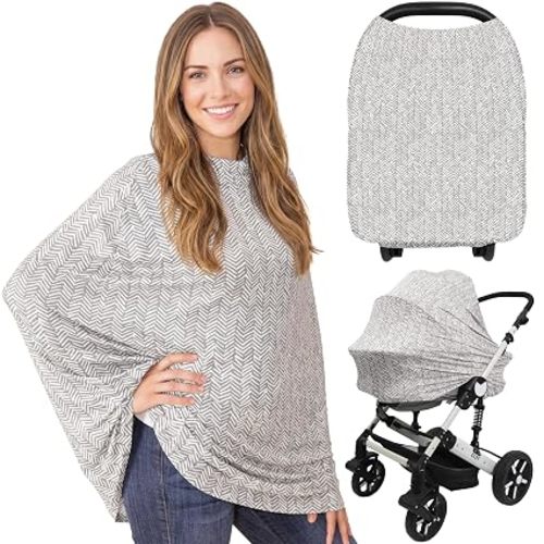 KeaBabies Nursing Cover, Multi Use Breastfeeding Cover (Herringbone) | Fits All Car Seat Cover Canopy, Baby Girl, Boy, Stretchable Breast Feeding Covers for Women, Breathable, Lightweight, Soft
