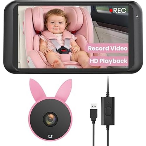 Babyvue BV2MAX Baby Car Camera with Video Record & Playback, 4.5" 1080P HD Monitor IR Night Vision USB Easy Installation,Rear-Facing Backseat Camera for Infant Car Seat(Pink)