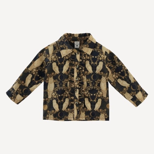 long sleeve rolled tuxedo shirt | mystical owl | organic cotton woven