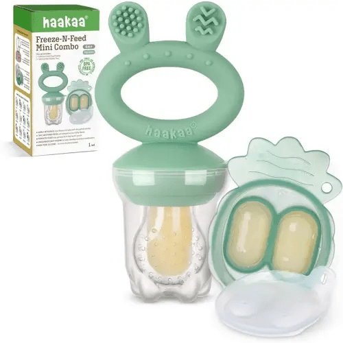 Haakaa Baby Fruit Food Feeder & Mini Freezer Nibble Tray Combo, Breastmilk Popsicle Molds for Cooling Relief, BPA Free Silicone Feeder for Safe Infant Self Feeding, 4 Month+ (Pea Green)