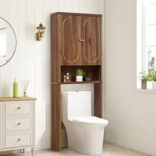 Fluted Over The Toilet Storage Cabinet, Bathroom Toilet Storage Cabinet with Door, Wood Curved Over The Toilet Space Saver Cabinets for Restroom Bathroom, Walnut
