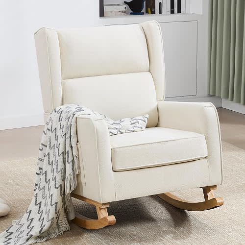 HCHAIRH Nursery Rocking Chairs, Rocking Chair Nursery for Mom Nursery Rocker with High Backrest and Solid Wood Legs, Modern Wingback Accent Chairs for Reading Living Room Bedroom (Beige)