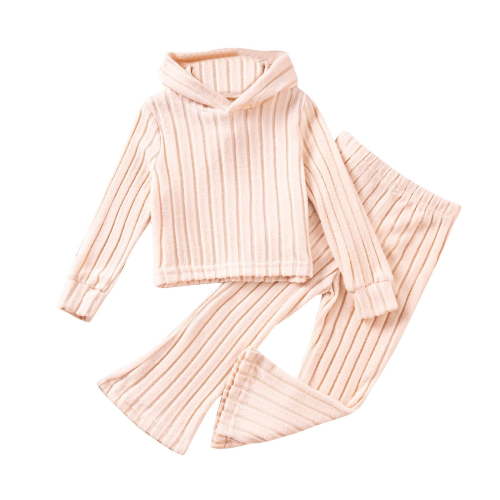 Dealovy Toddler Baby Clothes Fall Casual Ribbed Hooded Long Sleeve Top with Bootcut Pants Kids Solid Color 2PCS Comfortable Suit