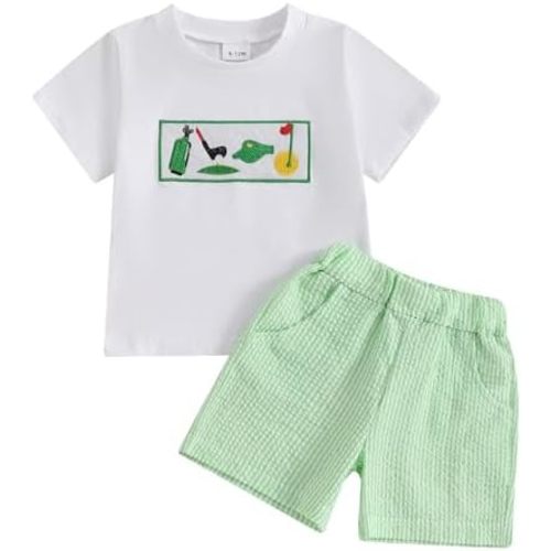 Toddler Boy Girl Golf Shorts Sets Summer Embroidery Golf Short Sleeve Shirts and Plaid Shorts Sets 2Pcs Golf Outfits