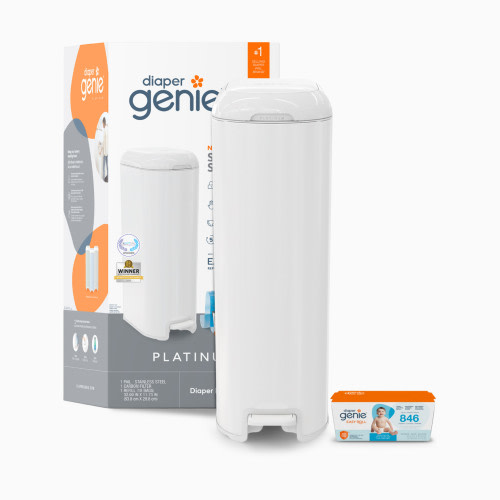 Diaper Genie Platinum Stainless Steel Diaper Pail with Easy Roll Refill Bags - White, Unscented