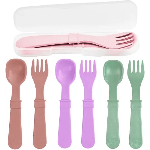 Re-Play Toddler Forks and Spoons Set - 4x4 Utensils for Kids with Case - Dishwasher and Microwave Safe - Made in USA - Pack of 8-5.8" x 1.2" x 0.2" - Blossom