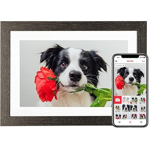 10.1'' Frameo Digital Picture Frame, 32GB WiFi Digital Photo Frame, 1280x800 IPS Touch Screen, Auto-Rotate, Slideshow, Send Photos/Videos via Free App(Black Wood Frame)