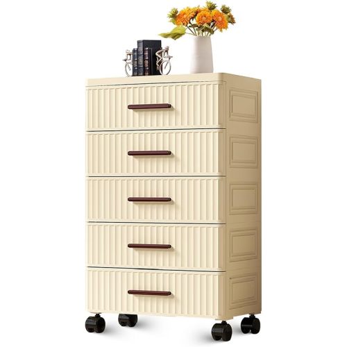 5-Tier Rolling Storage Cart with Drawers, Cream Plastic Organizer for Bedroom, Living Room, Kids Room, Office, Kitchen - Multi-Purpose Cabinet for Toys, Books, Clothes, Snacks