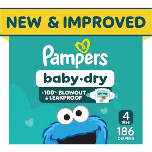 Pampers Baby Dry Ultra Cushiony Diapers, Size 4 (15-34 lbs), 186 Count, Up to 100% Leakproof (Packaging May Vary)