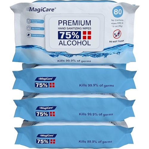 MagiCare 75% Large Alcohol Wipes (4-80ct Packs, 320pcs) - Alcohol Hand Sanitizer Wipes, Premium - Unscented Hand Wipe, Sanitizing Wipe - Travel, Home, Classroom, Camping - Soft Packs