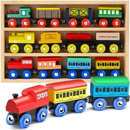 Wooden Train Set 12 PCS - Train Toys Magnetic Set Includes 3 Engines - Toy Train Sets For Kids Toddler Boys And Girls - Compatible With All Major Brands - Original - By Play22