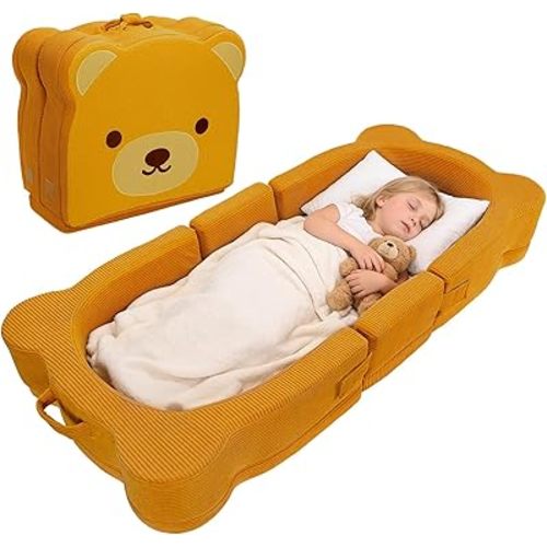 Toddler Travel Bed, Portable&Foldable Toddlers Floor Beds, Bear Style Soft Foam Crib for Baby and Kid, Washable Cover Toddler Cot with Safety Rail for Travel,Home,Sleeping,Camping