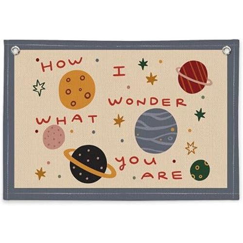 Space Nursery Decor Canvas Wall Hanging Banner, How I Wonder What You Are Nursery Sign Outer Space Planet Wall Banner Flag for Kids Toddler Room Bedroom Playroom Decor, 20x30 Inch