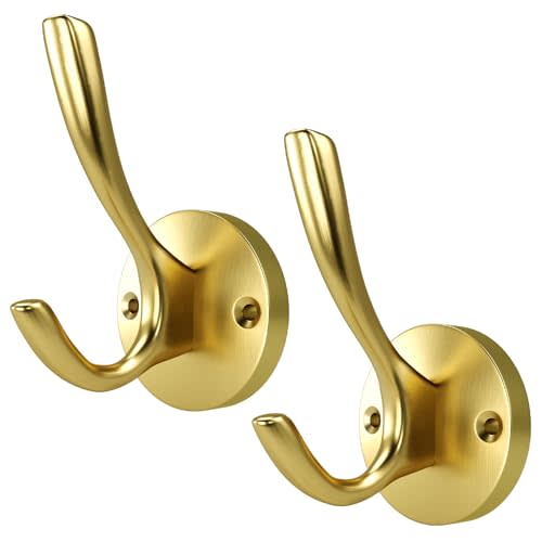 ZUONAI Gold Bathroom Towel Hooks Gold Coat Hooks 2 Pack Heavy Duty Brushed Towel Hooks Screws Solid Brass Wall Hooks for Hanging Coats, Hats, Jacket, Clothing and Keys in Bedroom Bathroom