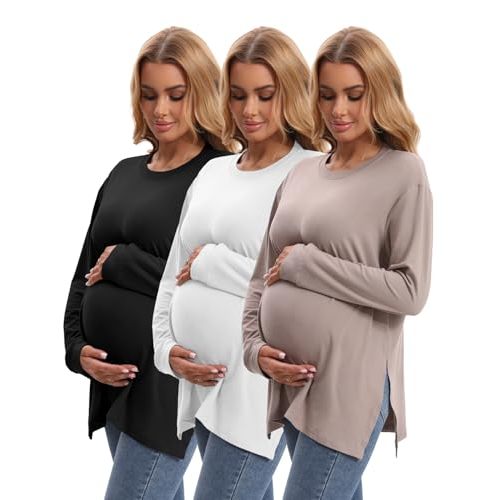 Women's Maternity Crew Neck Long Sleeve Side Slit Yoga Activewear Loose Fit Top in Comfortable Fabric