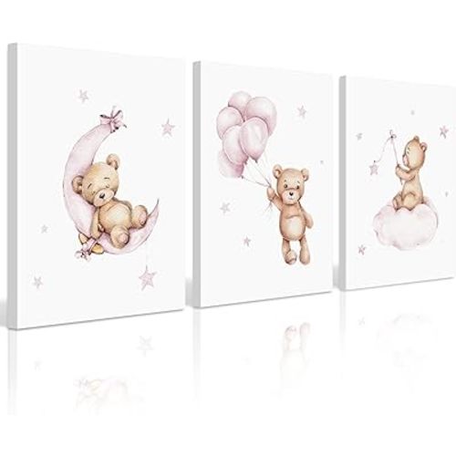 Bear Nursery Wall Art Decor Teddy Bear Wall Art Baby Girl Canvas Wall Decor Pink Pictures Balloon Nursery Children Prints Artwork Moon Star Cloud Art for Boys Room Bedroom 12x16x3 Inch Wrapped Canvas