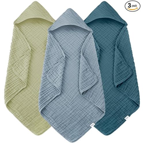 Muslin Hooded Baby Bath Towels - 3 Pack 100% Cotton Ultra-Soft Towels for Newborns, Infants, Toddlers - 32x32 Inch - Highly Absorbent, Quick-Dry Essentials for Bath, Beach, Pool, Green Blue Series