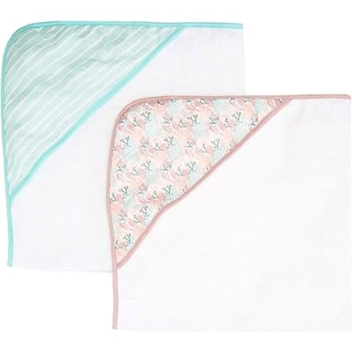 Spasilk Extra Plush Hooded Towel Set for Babies, Soft Terry with Muslin Printed Hood, Pack of 2, Pink Corals