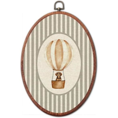 Vintage Dachshund Nursery Oval Wall Art, Hot Air Balloon Canvas Framed