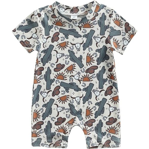 Muasaaluxi Western Baby Girl Boy Clothes Short Sleeve Cow Print Romper One Piece Bodysuit Shorts Summer Outfit - Apricot-cactus