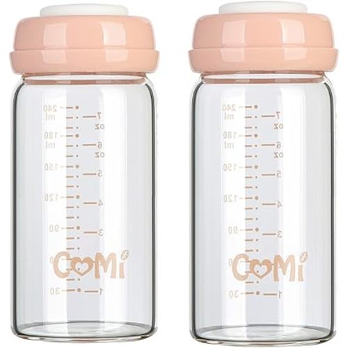 COMI Wide Neck Glass Breastmilk Collection n Storage Bottle, 8oz with Screw Ring Sealing Disk; Re-markable Sealing Disc. BPA Free, Fits Breast Pumps & Nipples (2 Pink Lids)