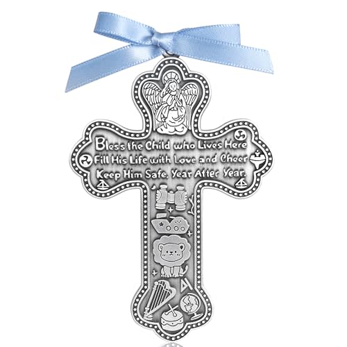 Evalote Baby Wall Cross Baptism Gift for Boy – 4-Inch Silver Praying Boy Wall Cross for Christening, First Communion, or Newborn Nursery Décor